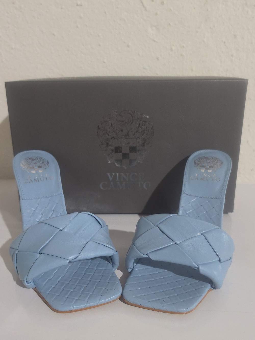 Vince Camuto Brelanie Sky Blue Woven Slide Mules